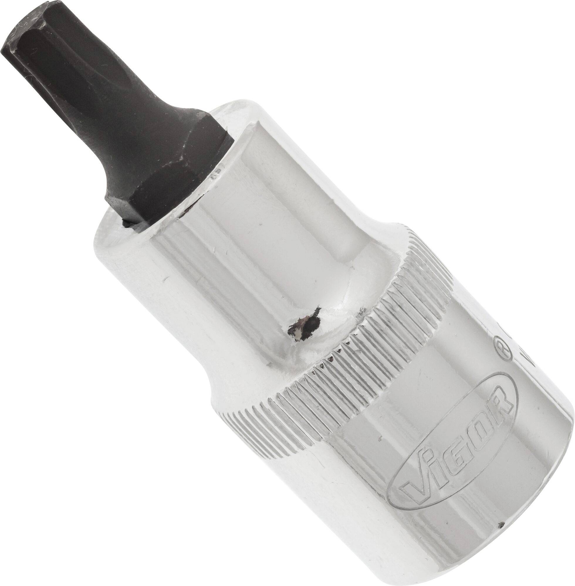 A silver-coloured bit with a black, hexagonal head. A brand name is engraved on the side.