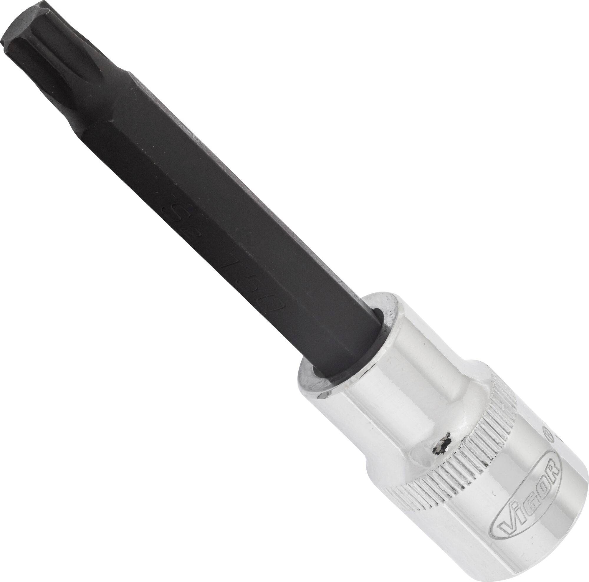 Pictured is a silver socket key with a black Torx bit, angled diagonally down to the left.