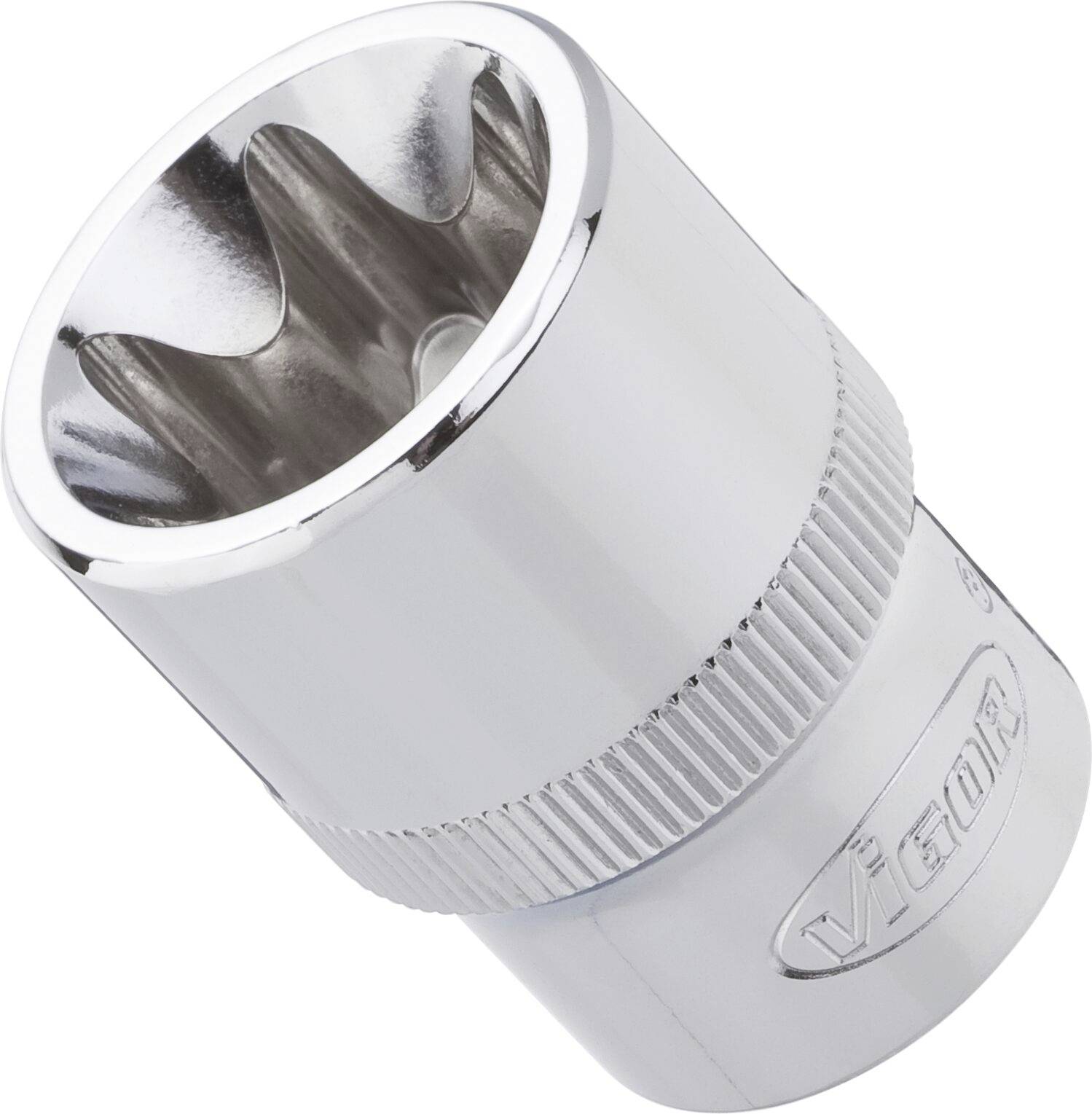 A silver-coloured socket attachment with a smooth surface and ribbed handle, stamped with 'VIGOR'. Suitable for tools.