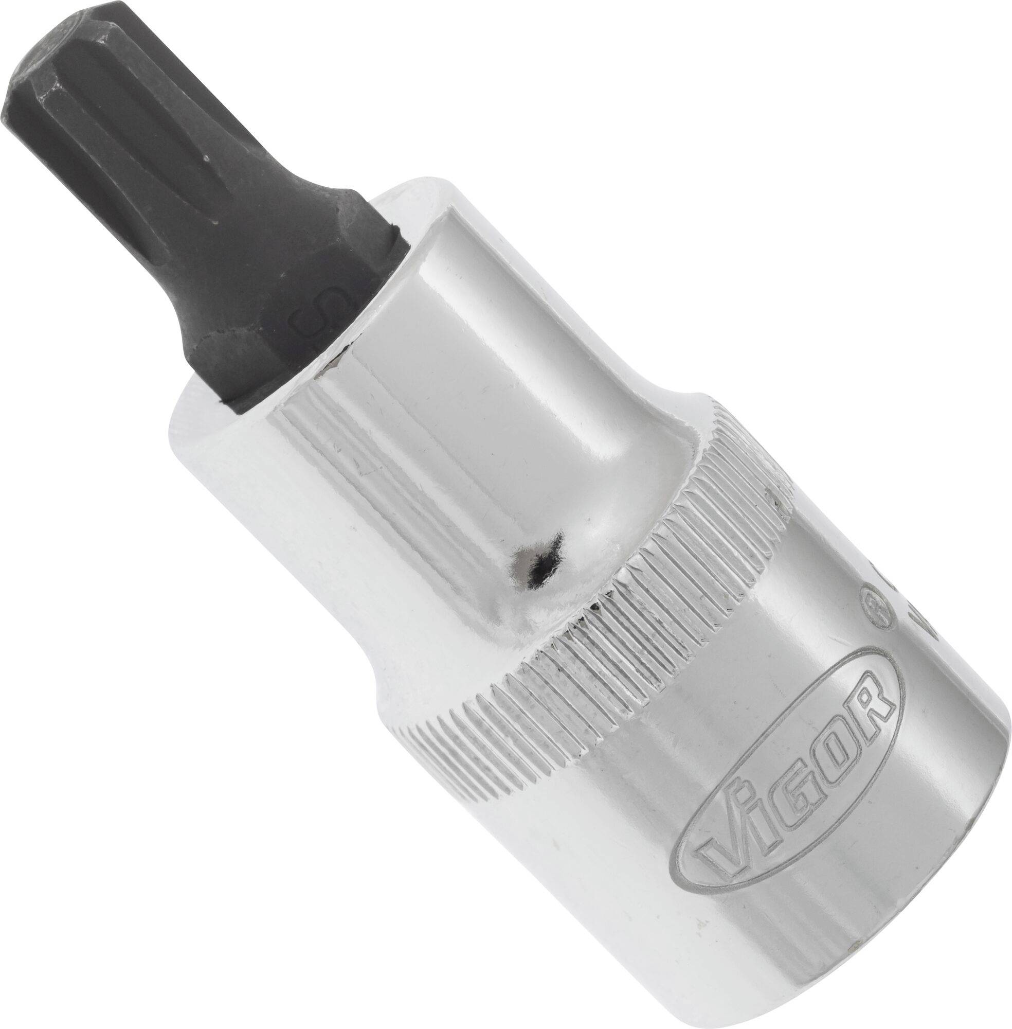 A silver socket extension with a black Torx bit. The 'Vigor' logo is engraved on the side.