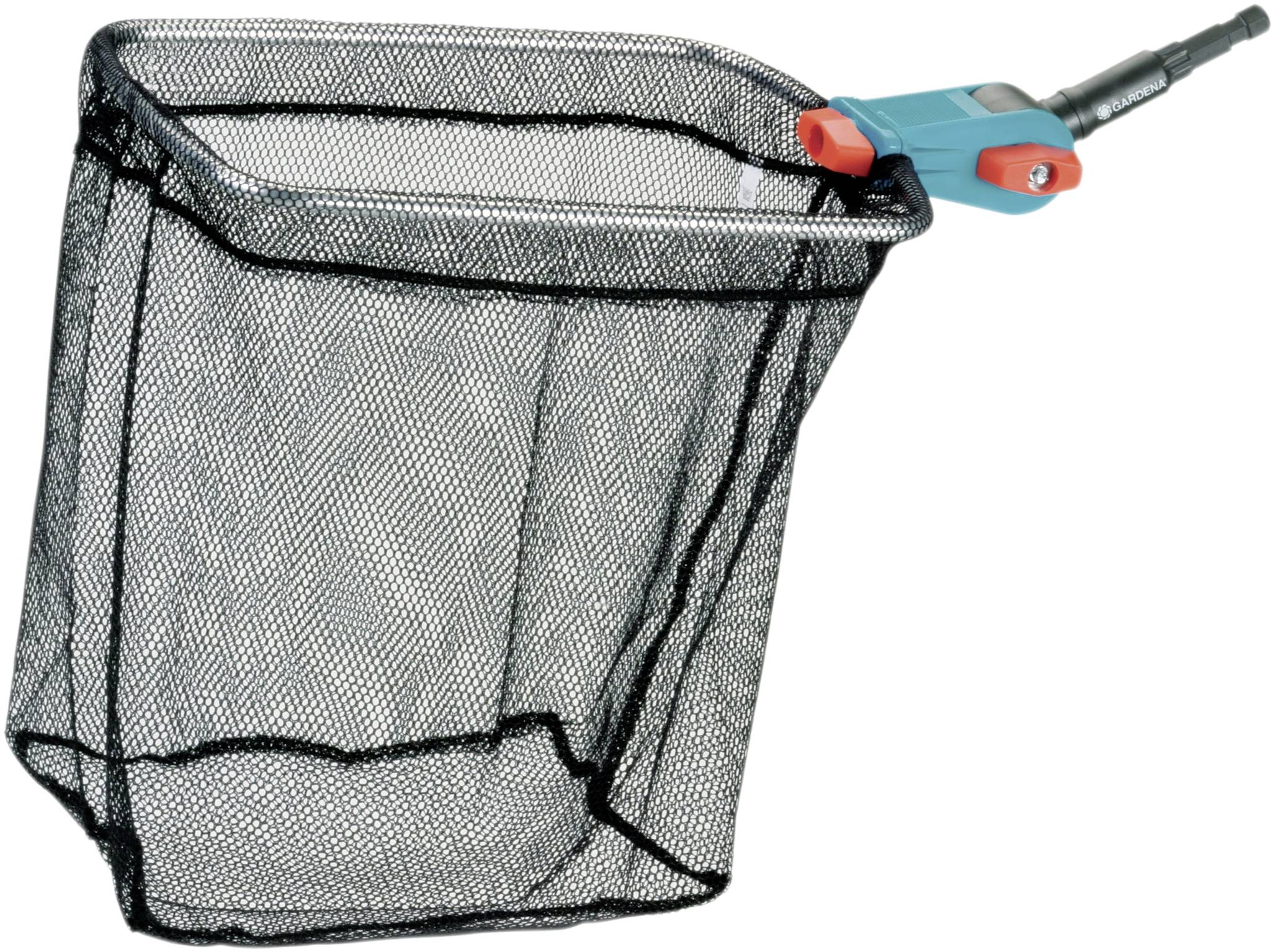 A black fishing net with a blue handle, suitable for catching fish or removing leaves from a pond.