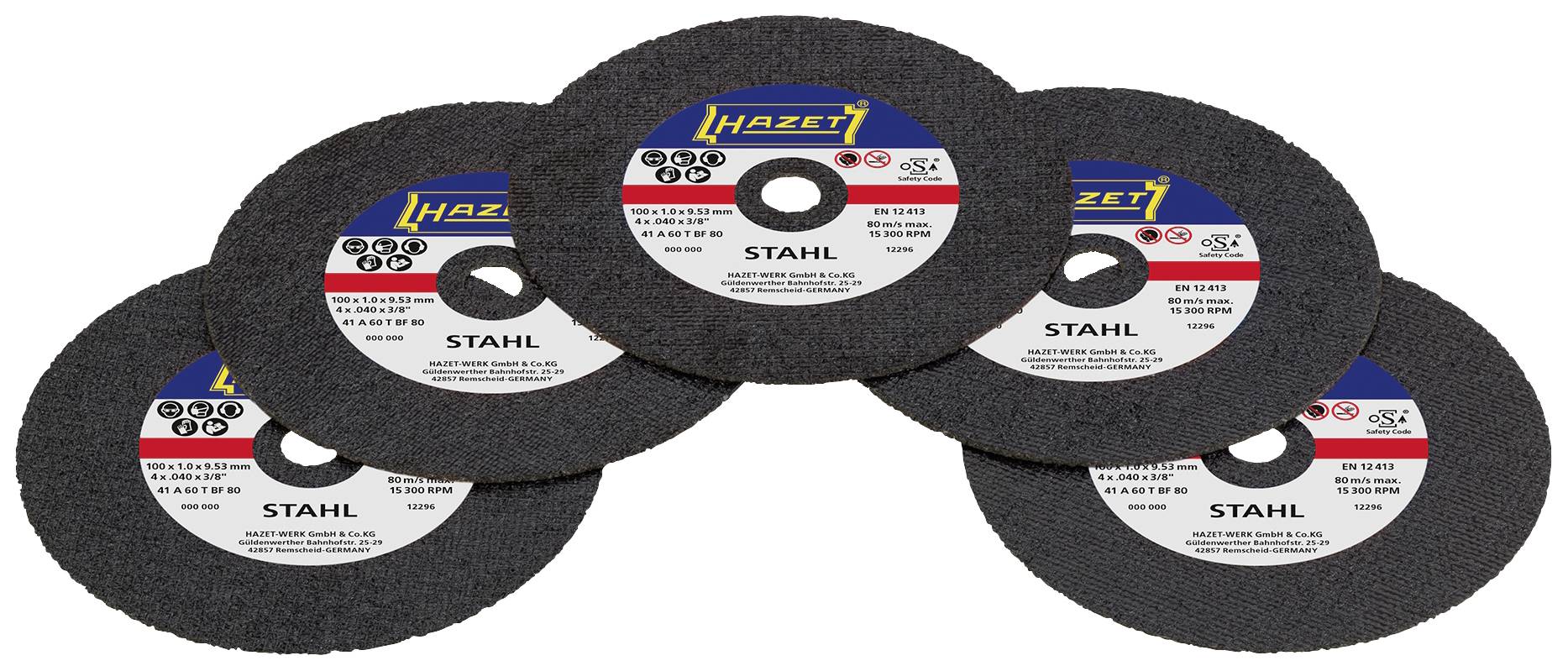 Five grinding discs with the inscription 'Hazet' and 'Steel'. They are arranged in a circular formation and have a black and grey surface.