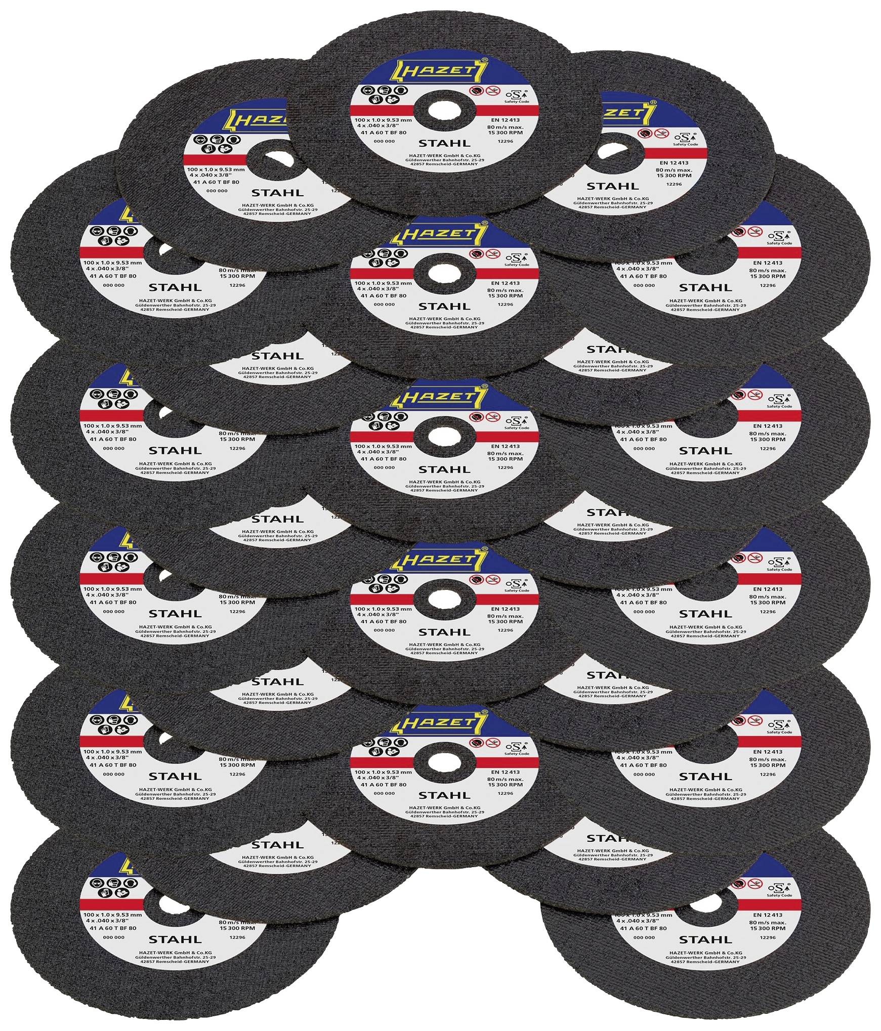 20 grinding discs, Hazet brand, for steel processing. Each disc shows specifications: diameter 125 mm, thickness 1 mm, 80 m/s.