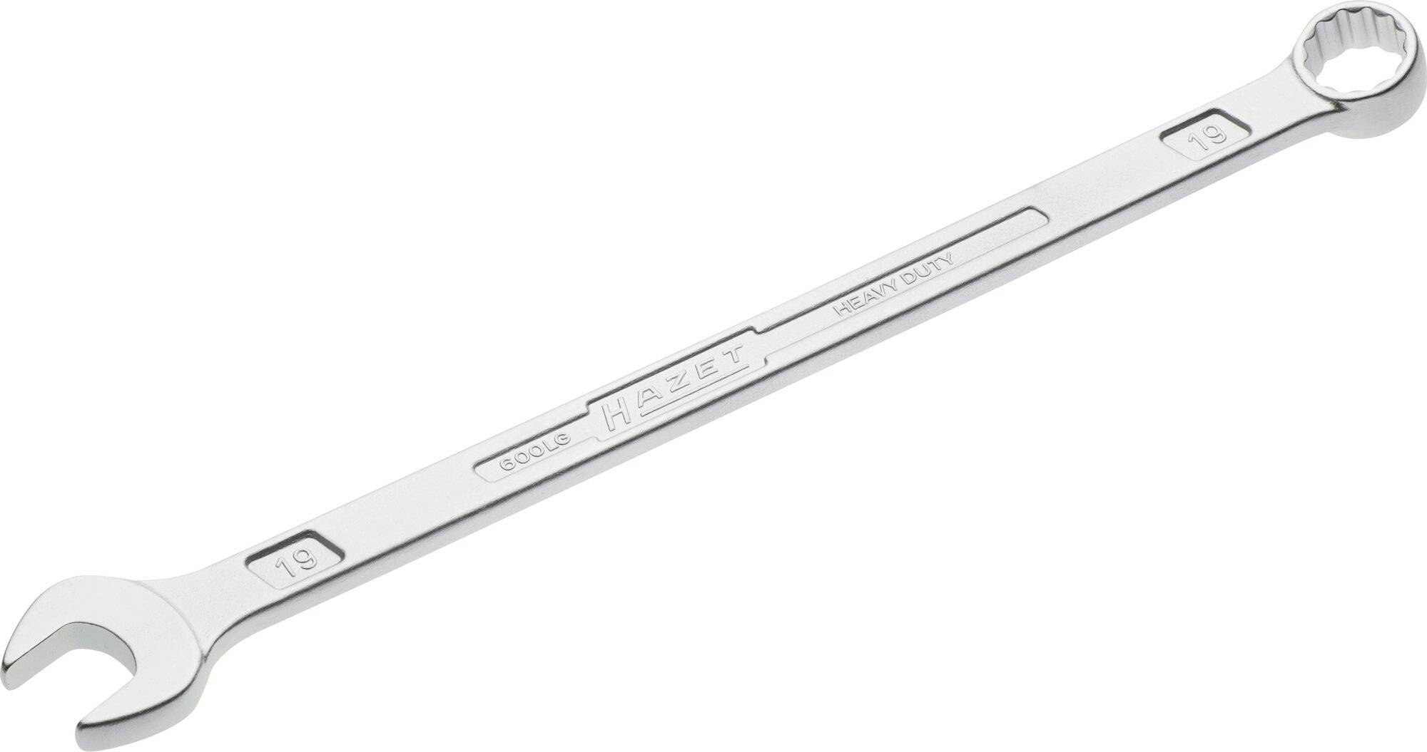 A chrome-plated double-ended spanner with an open-ended and ring-ended side, bearing the inscription 'Hazet' and '19'.
