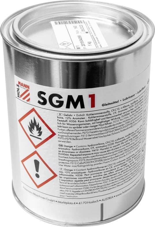 Lubricant can, labelled with safety information. Two hazard symbols: flame for flammable, exclamation mark for caution.