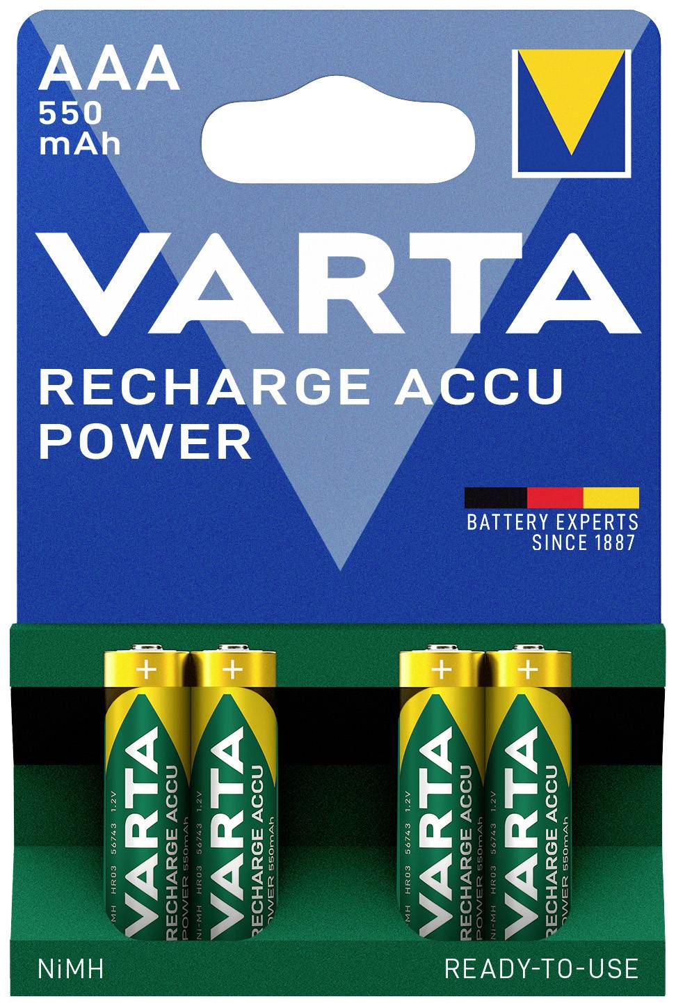 Pack of four 'Varta Recharge ACCU Power' AAA rechargeable batteries, 550 mAh. Packaging emphasises rechargeability and long-lasting performance.