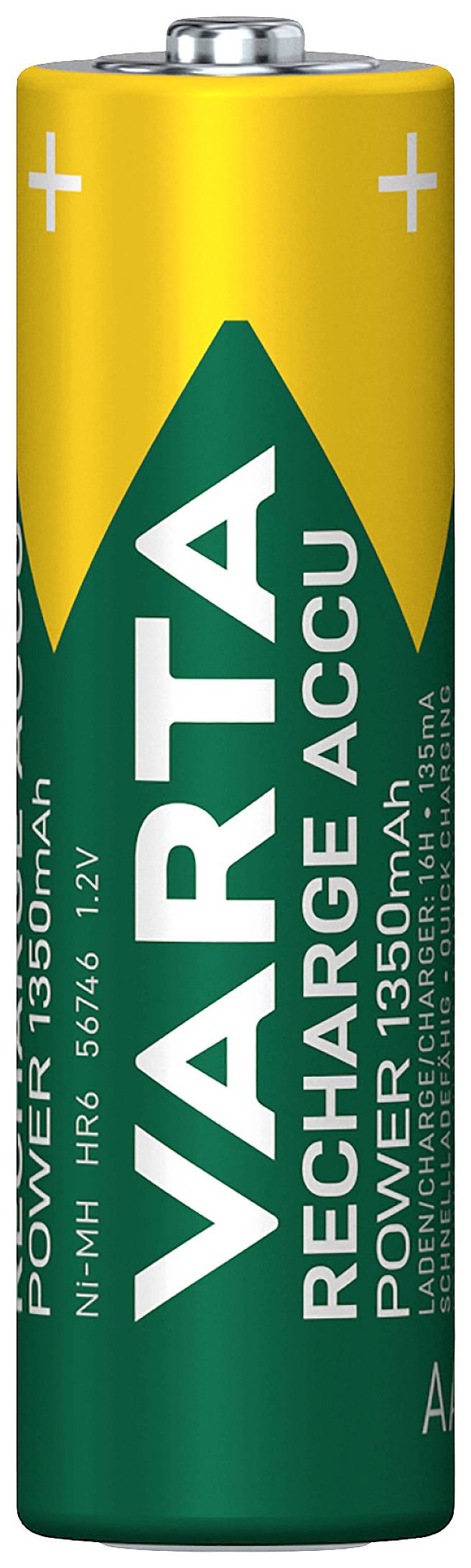 Green and yellow AA battery with inscription 'VARTA RECHARGE ACCU POWER 1350mAh'.