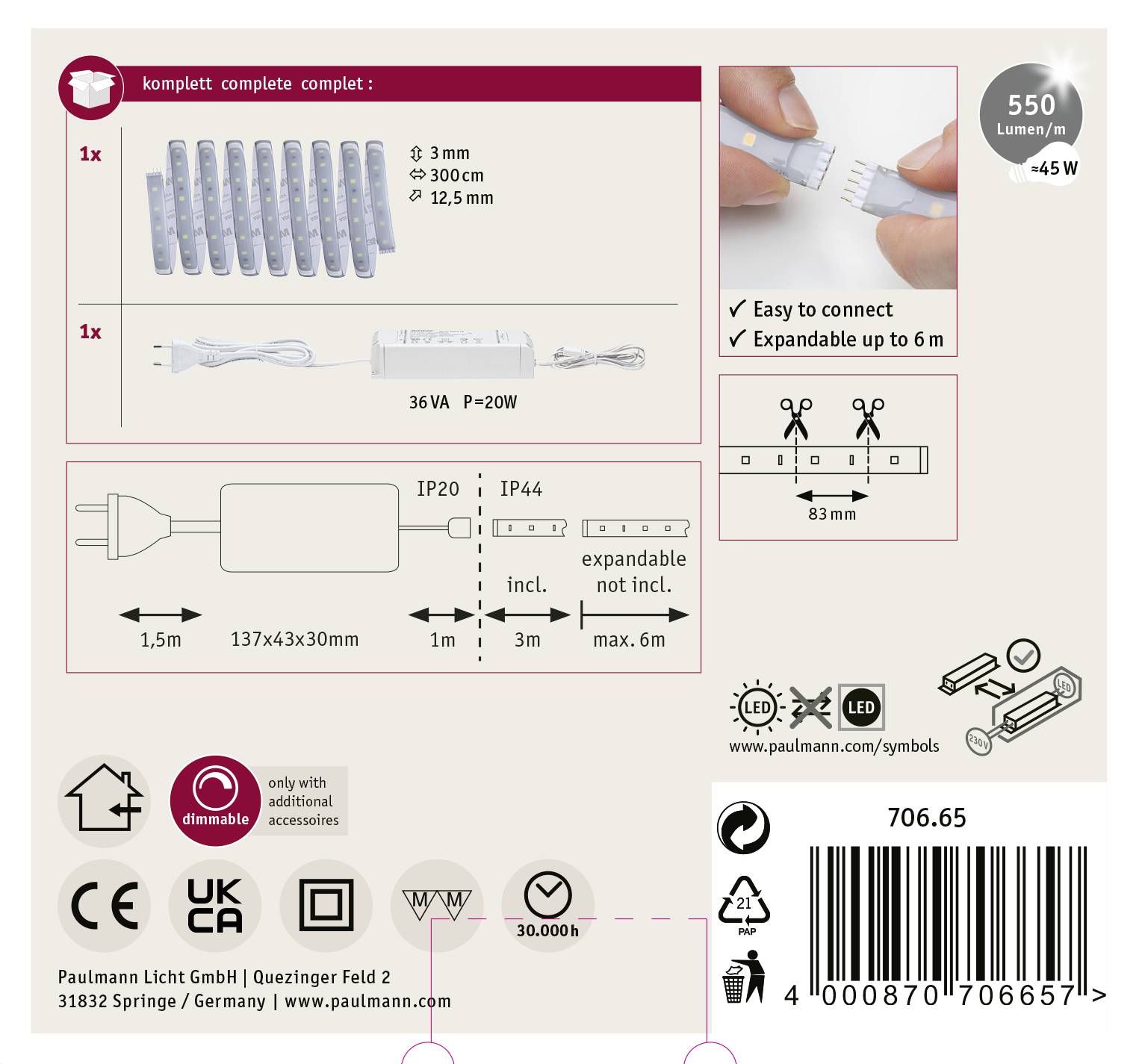 Packaging for Light Set; includes cable, LED strip, power supply. Compatible with extension up to 6 m. Dimensions and symbols shown.