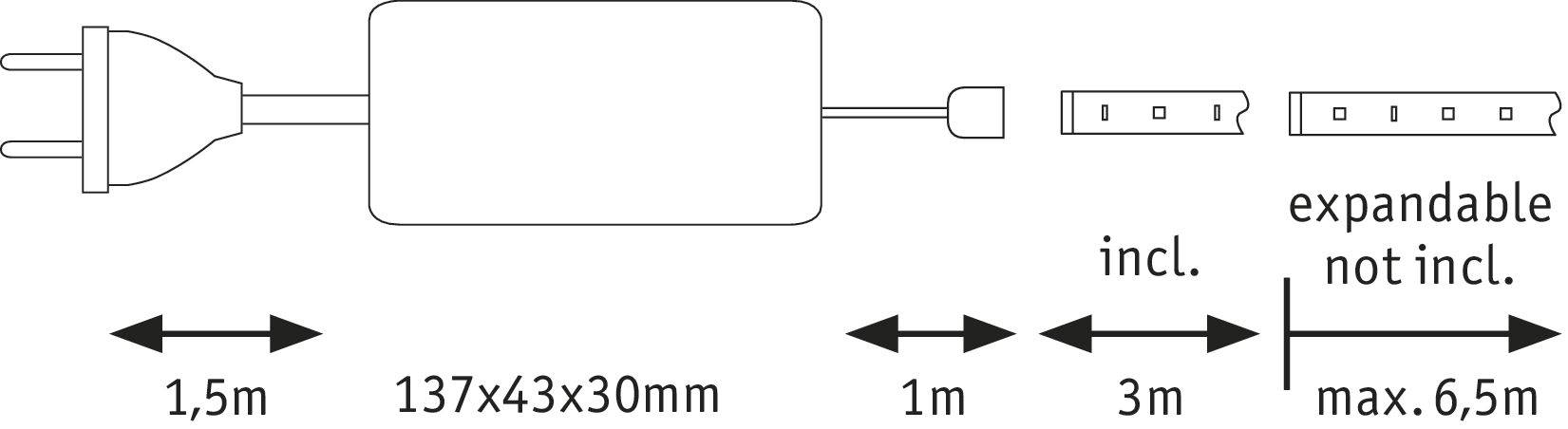 Plug-in power supply with dimensions 137x43x30mm, cable length 1.5m. Extendable from 1m to 3m, maximum total length 6.5m, partially included.