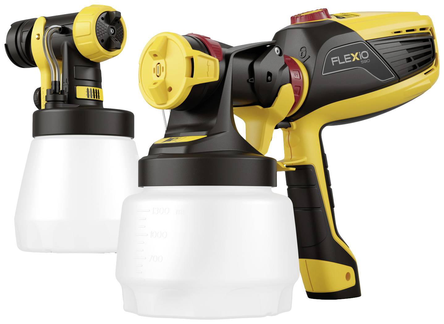 Two yellow spray painting systems; one larger with 'FLEXiO' inscription, the other smaller; both with white containers.