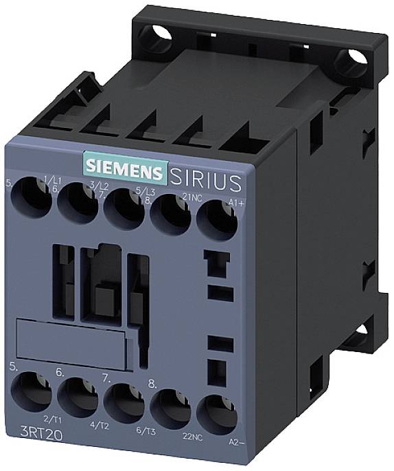 'Siemens SIRIUS' contactor 3RT20, an electrical switching device in dark grey with multiple connections, for industrial automation.