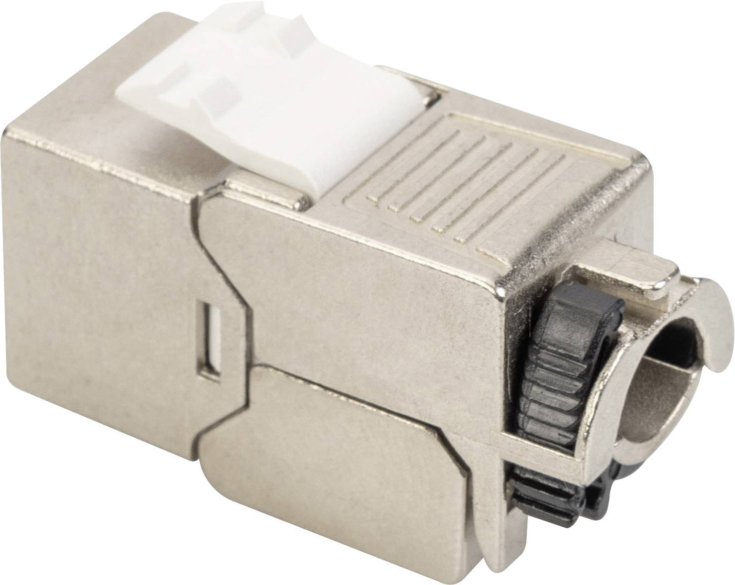 A silver network plug with a black wheel on the side and a white lever on top, against a white background.