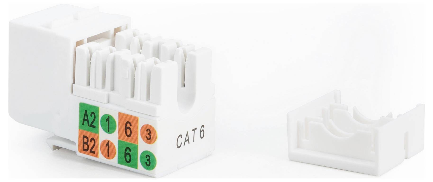 A white CAT 6 network keystone jack with labeled A2, B2, 6, 3 connection points and an adjacent plastic cover.