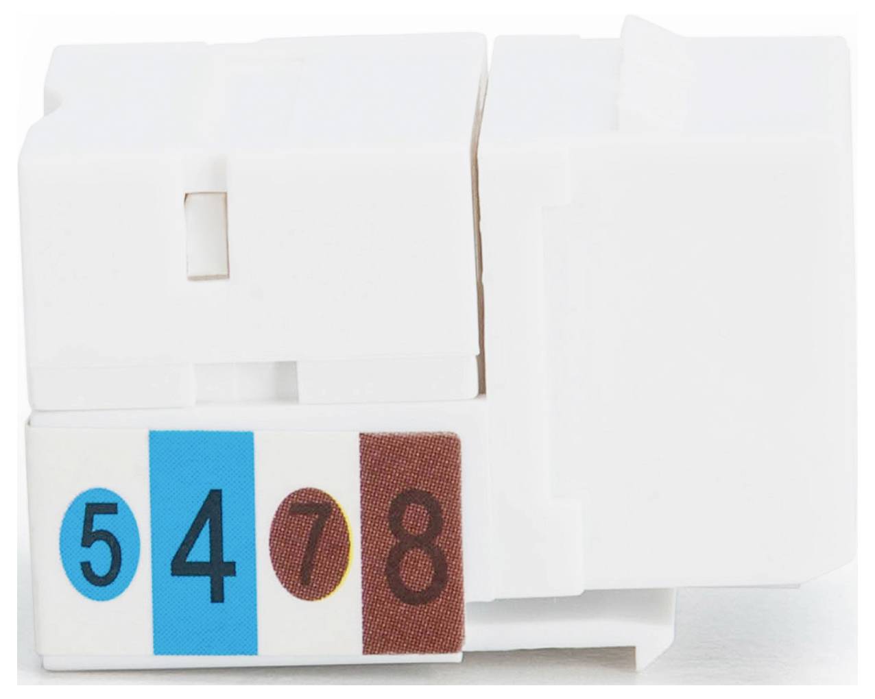 Close-up of a white electrical component with a label displaying numbers '5' in blue, '4', '7', and '8' in brown circles.