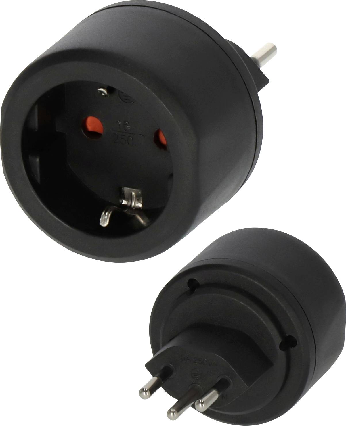 Black plug adapter with European round-prong plug and front power socket, shown from two angles on a white background.