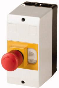 Large red emergency stop button on an electrical device, operationally ready for emergencies where the device must be quickly shut down.