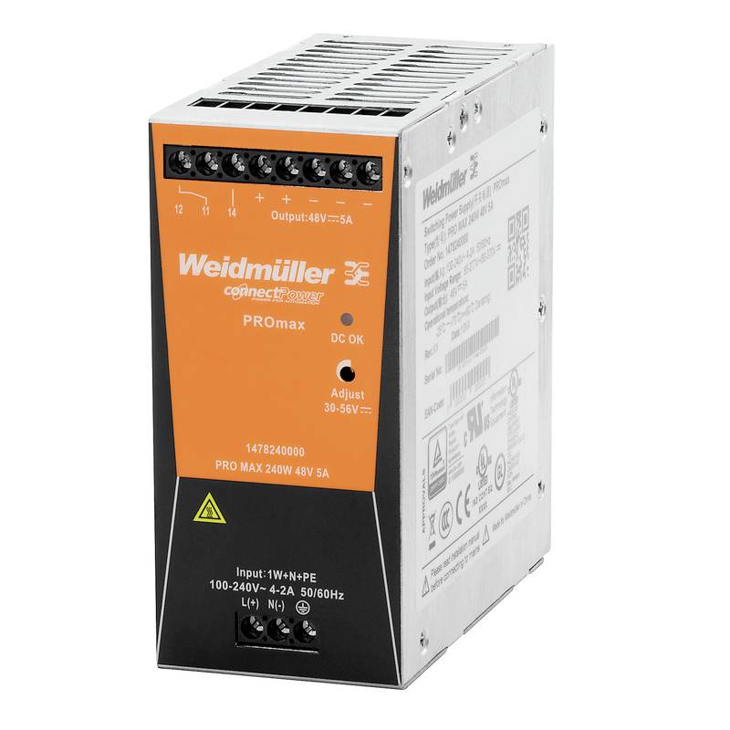 The image depicts a Weidmüller PROmax power supply. It has an output power of 240W with 48V and 5A. Suitable for industrial applications.