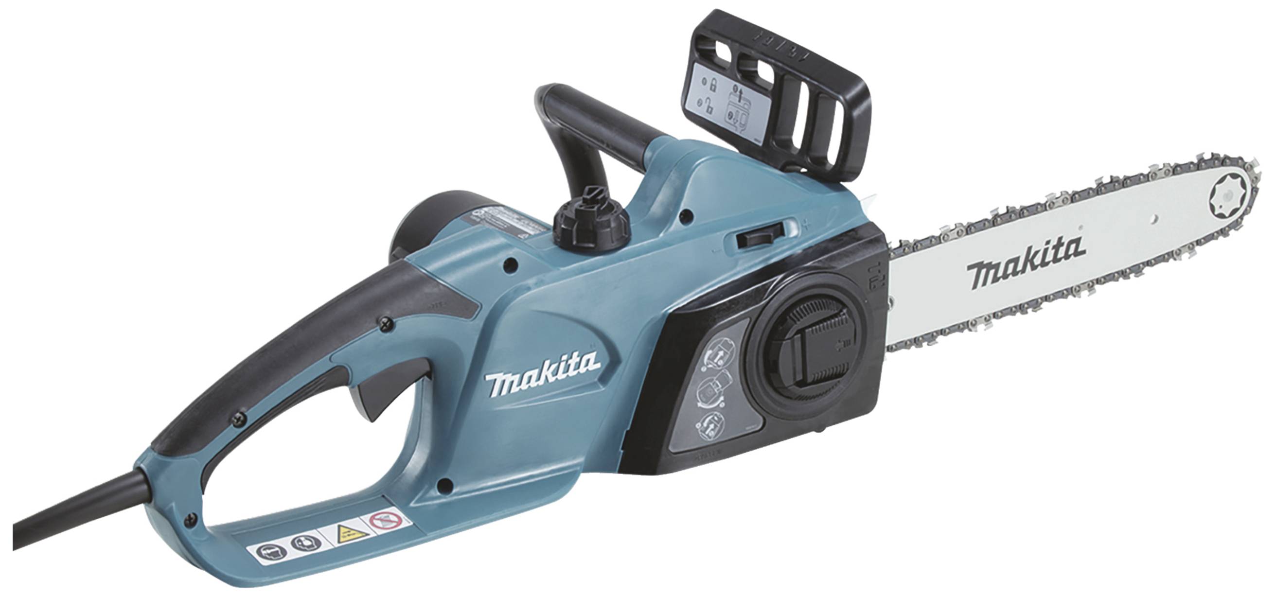 Electric chainsaw with a black and blue casing, branded with 'Makita'. The saw blade and controls are visible.
