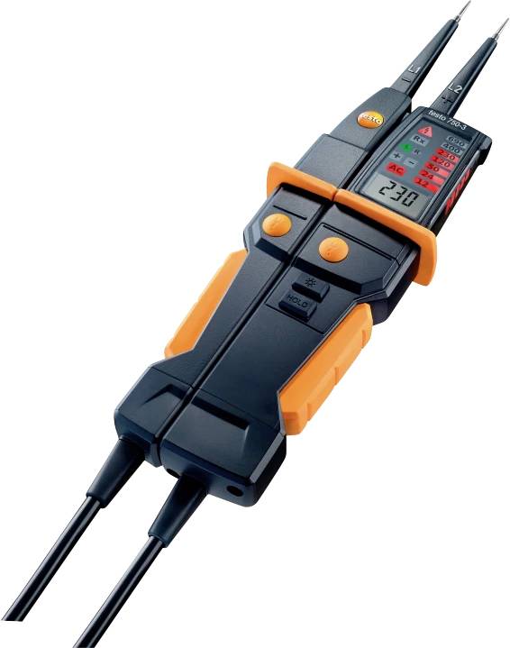 An electrical voltage tester with two probes and LED indicator for voltage and continuity, finished in black and orange.