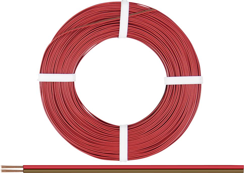 A bundle of red, insulated copper wire, neatly coiled and secured with white ties, ready for use.
