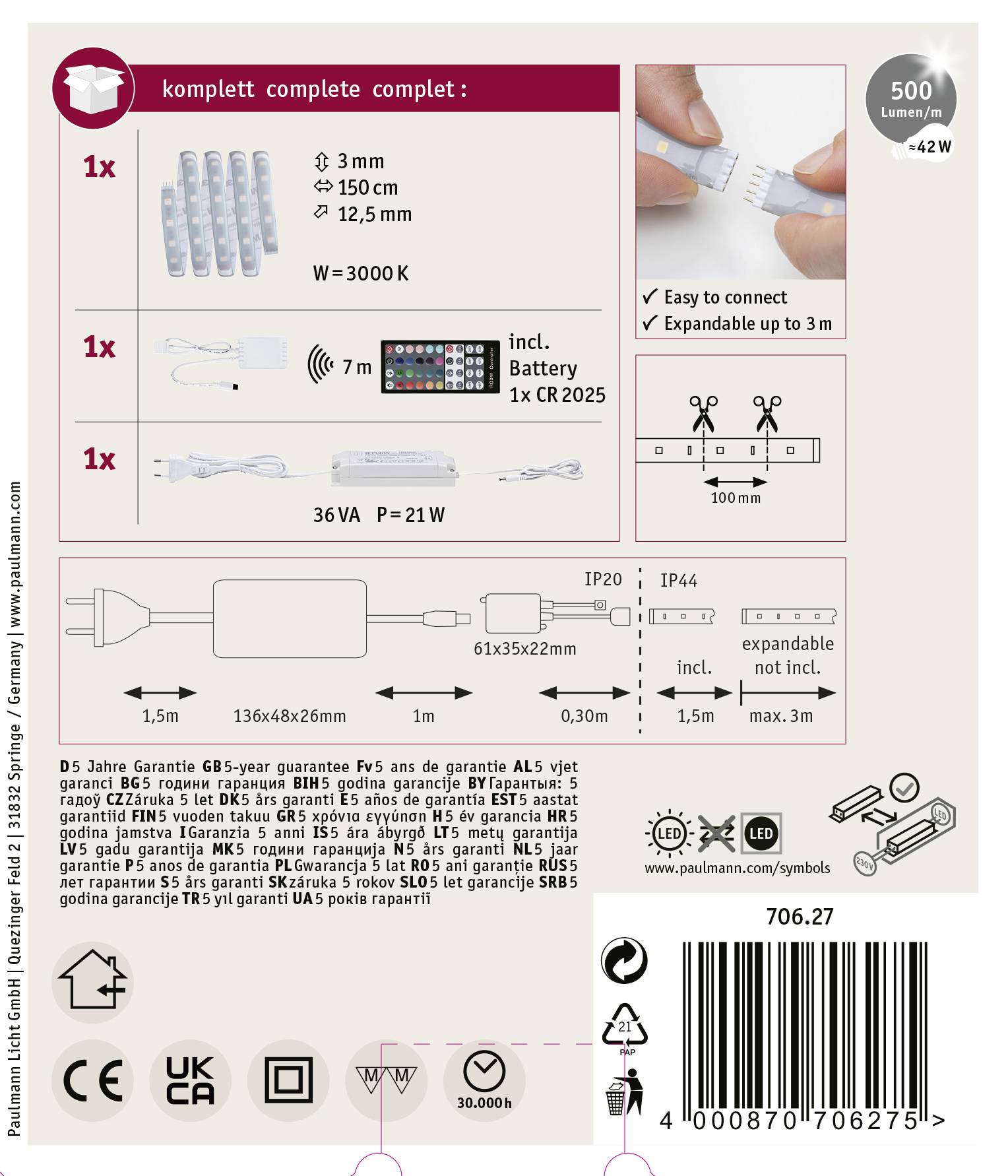 LED strip set, 3 m long, warm white (3000K), 500 lumens, controlled via remote; includes adapter and CR2025 battery.
