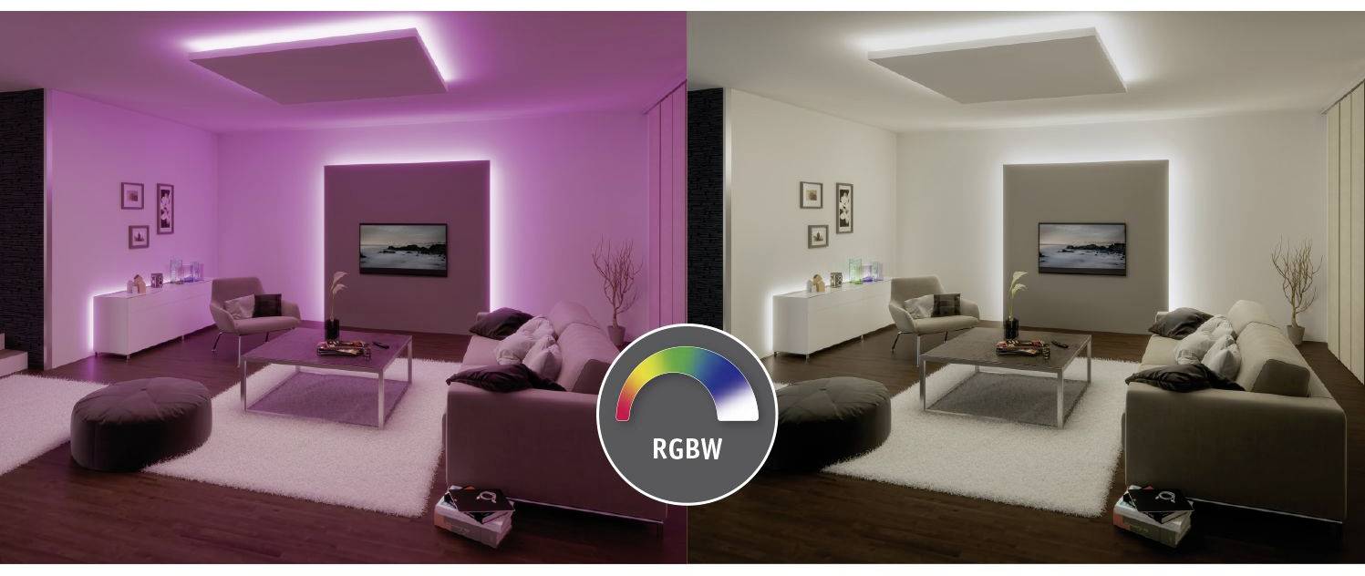Two living rooms. Left: pink illuminated, right: white illuminated. Demonstrates varying RGBW lighting moods.
