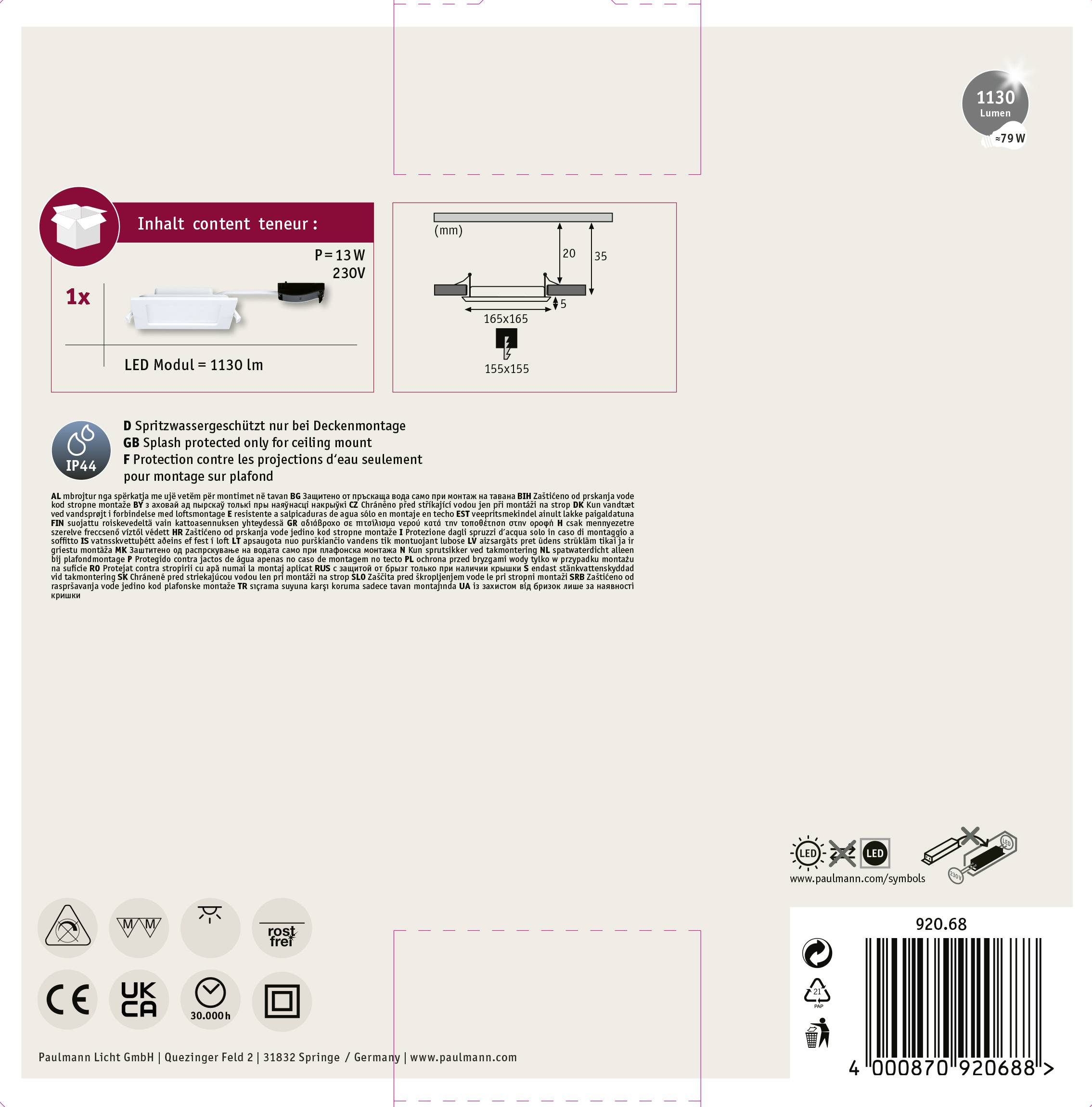 Paulmann LED bathroom recessed light LED (monochrome) Built-in LED 12 W IP44 White