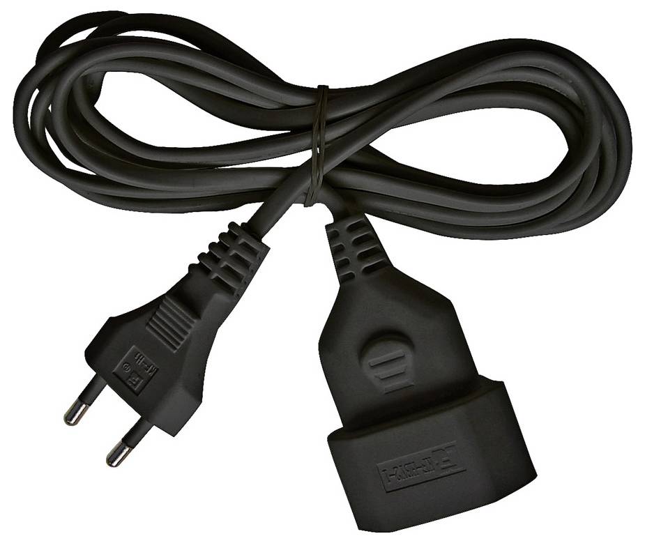 Black power cord with European two-pin plug on one end and a rectangular connector on the other, coiled against a white background.