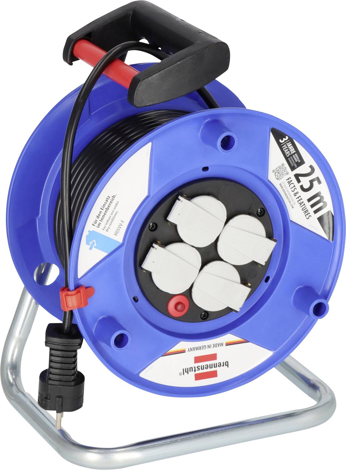Blue cable reel with four electrical outlets, a red carry handle, and a power cord plugged in, on a metal stand.