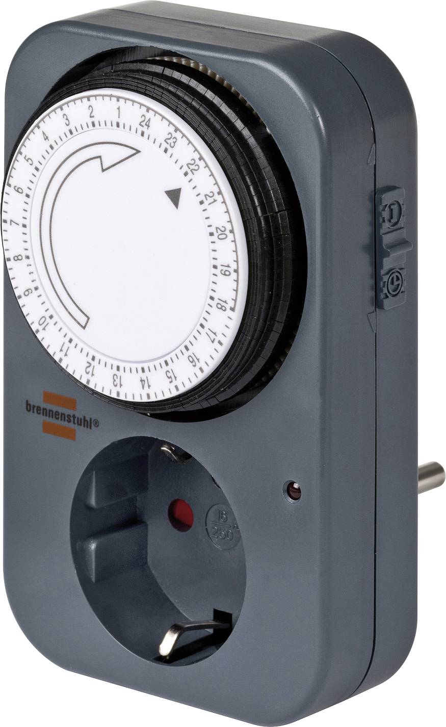 Mechanical plug-in timer with a 24-hour dial and a single outlet, used to switch a device on and off automatically.