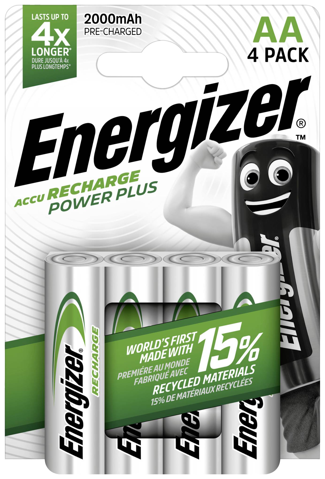 Energizer 'Accu Recharge Power Plus' Pack of 4 AA Rechargeable Batteries, 2000mAh, containing 15% recycled material, promises long-lasting performance.