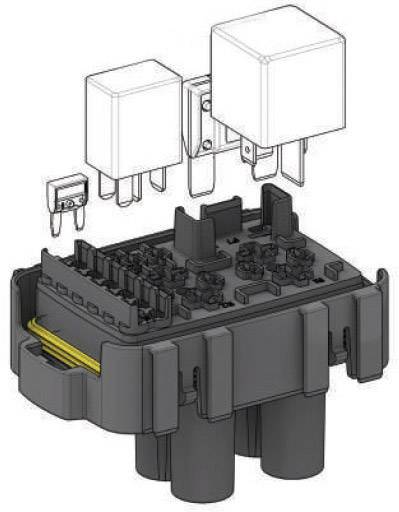 Technical drawing of an electrical relay with detailed pin connections and terminals.