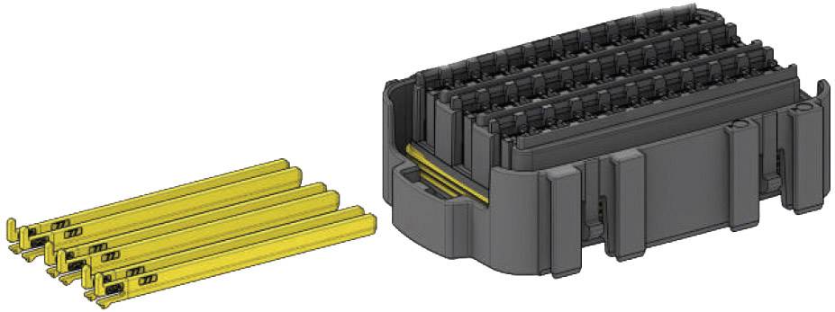 Grey connector with yellow contacts positioned adjacent to it. The connector has multiple contact slots.