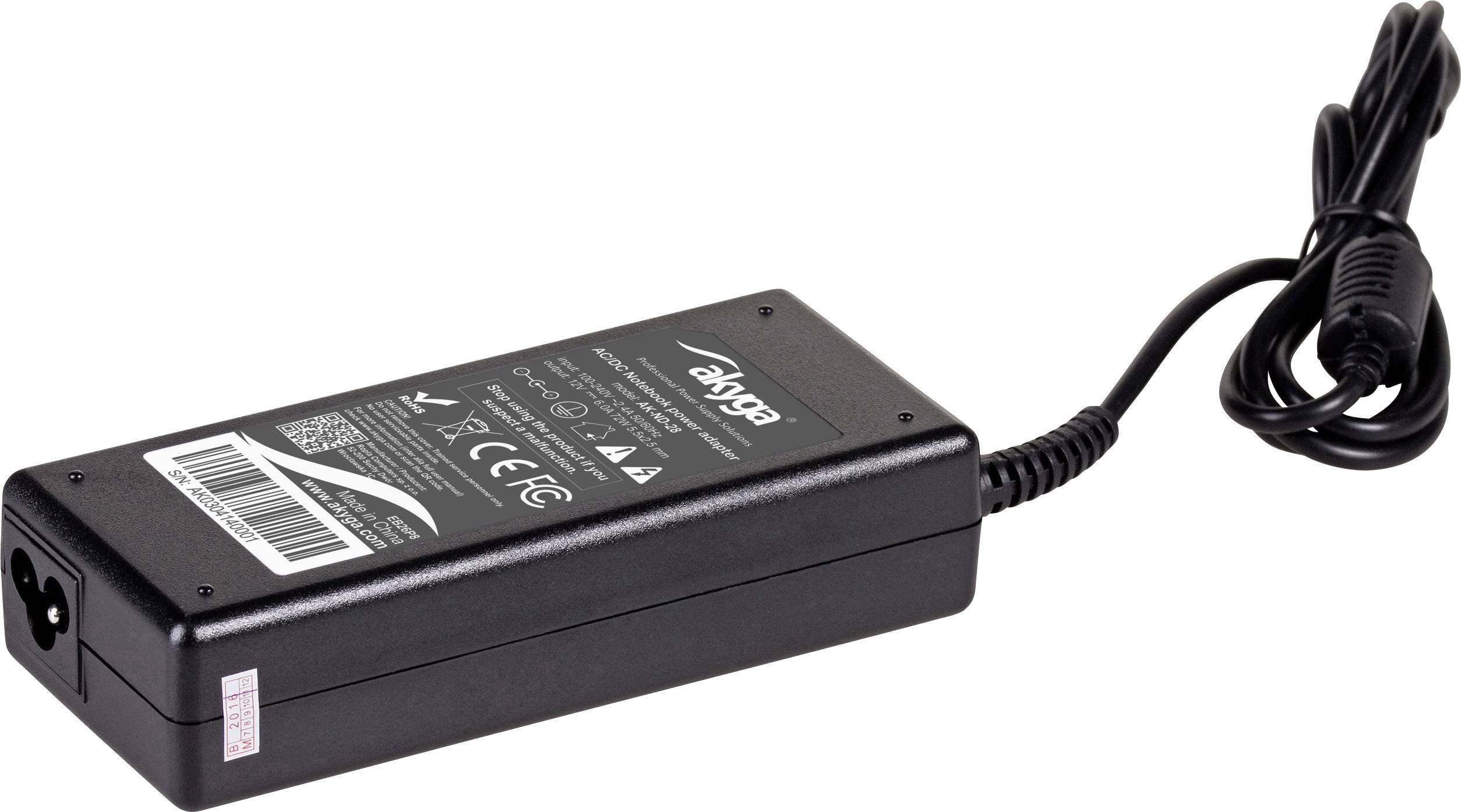 Black laptop power adapter with cable, branded 'akgoo', with technical specifications and safety symbols printed on the top surface.