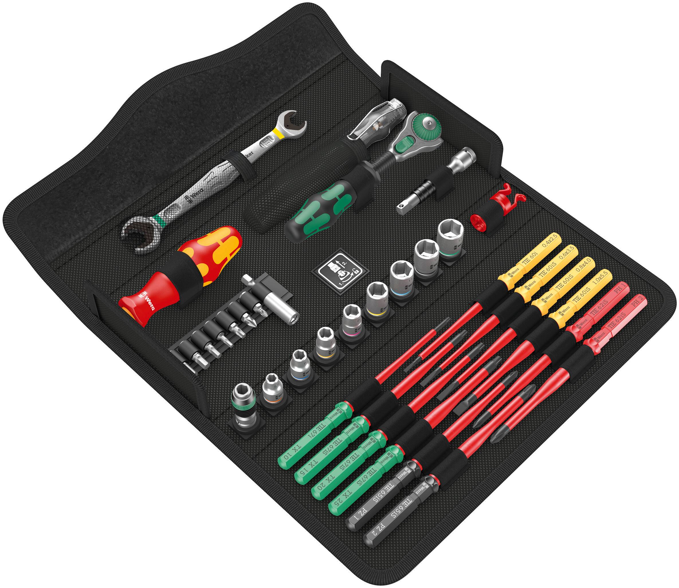 An open set of various spanners, socket wrenches, and screwdrivers in a black tool bag.
