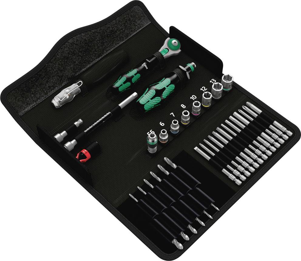 Tool set in an open bag. Contains screwdrivers, socket wrenches, bits numbered 6 to 13, and various attachments.