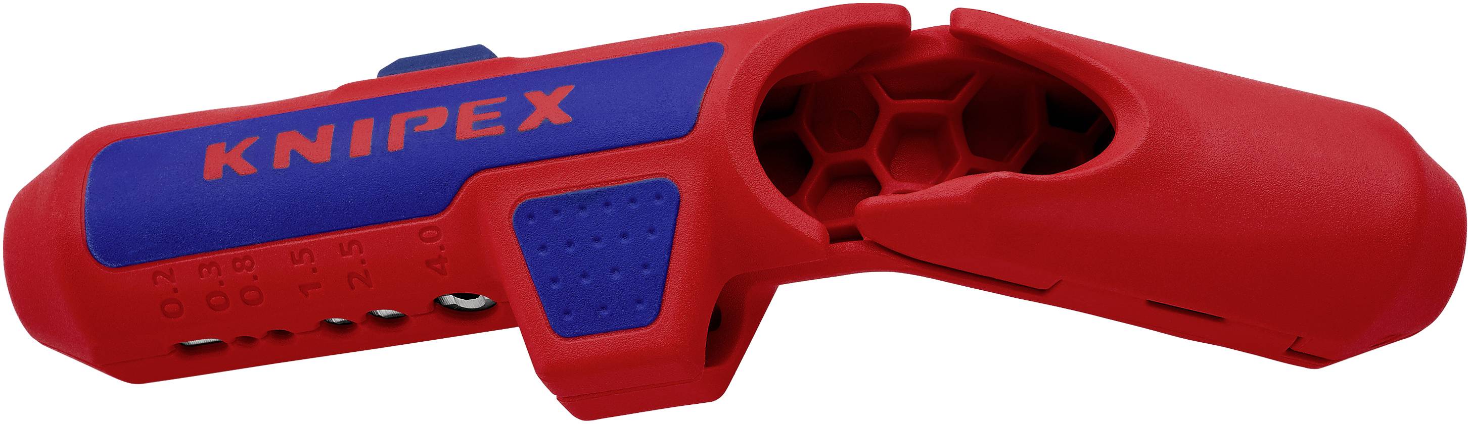 Red and blue wire stripping tool by Knipex, opened, with hexagonal internal area for wire processing.