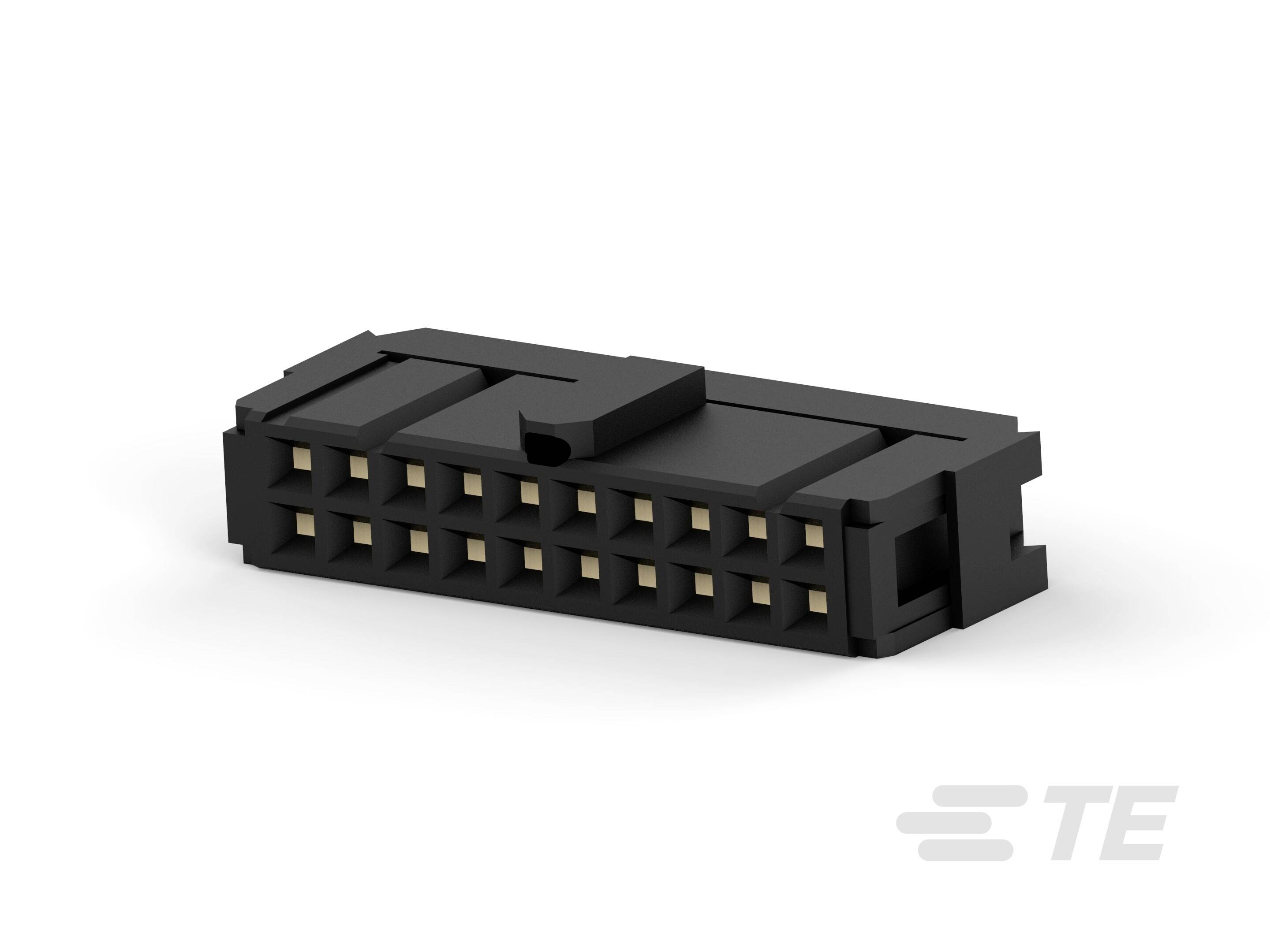 Black rectangular connector with multiple gold-coloured contacts, suitable for electronic connections. Located top left.