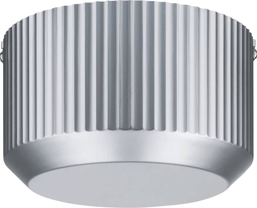 Silver, fluted ceiling light with a simple, modern design. Used for uniform room illumination.