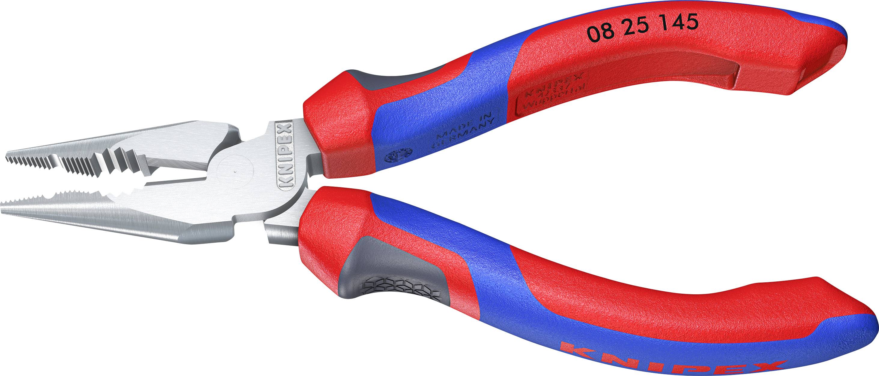 A combination pliers with blue and red handles, suitable for gripping, cutting, and bending wires and small objects.