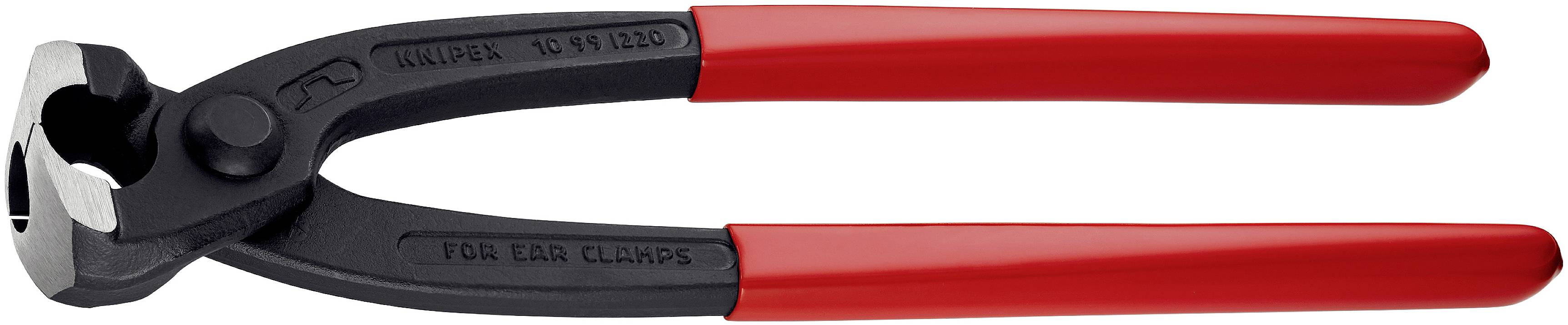 Ear clamp pliers with a red handle, used for fastening and releasing ear clamps on tubes and other connections.
