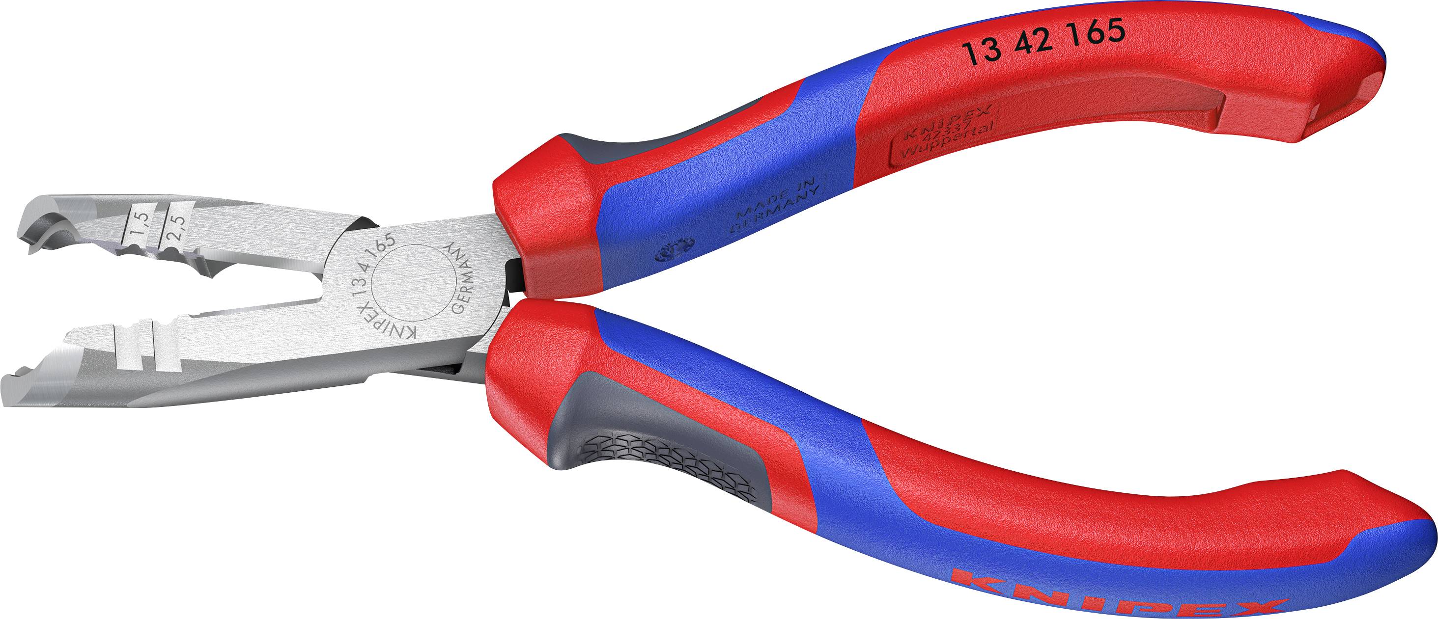 Red and blue combination pliers with insulated handles and knurled head, suitable for various electrical work.