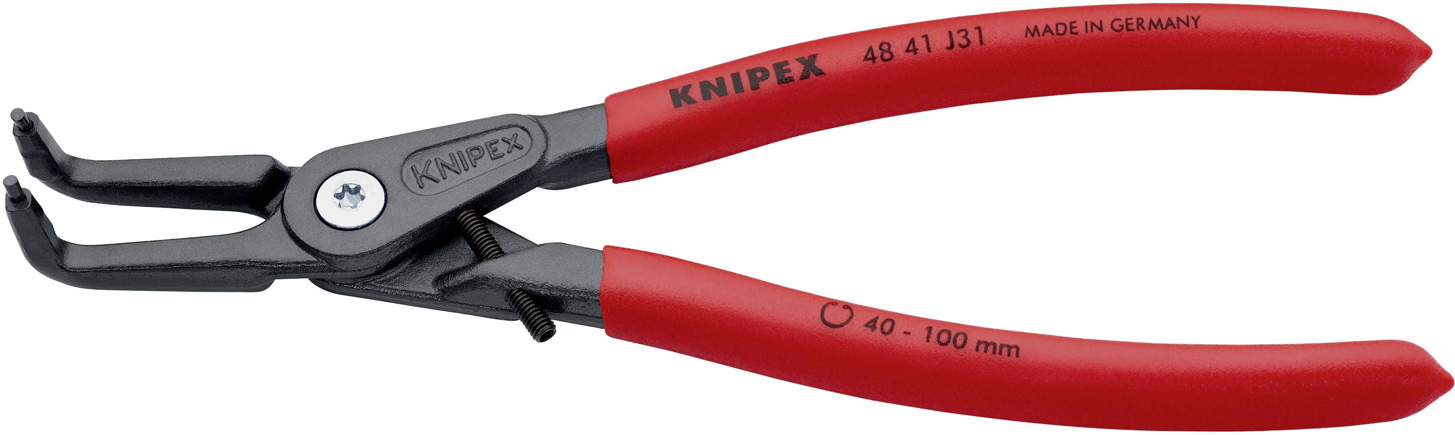 Red circlip pliers with black gripping head, marked 'KNIPEX', suitable for diameters 40-100 mm, manufactured in Germany.