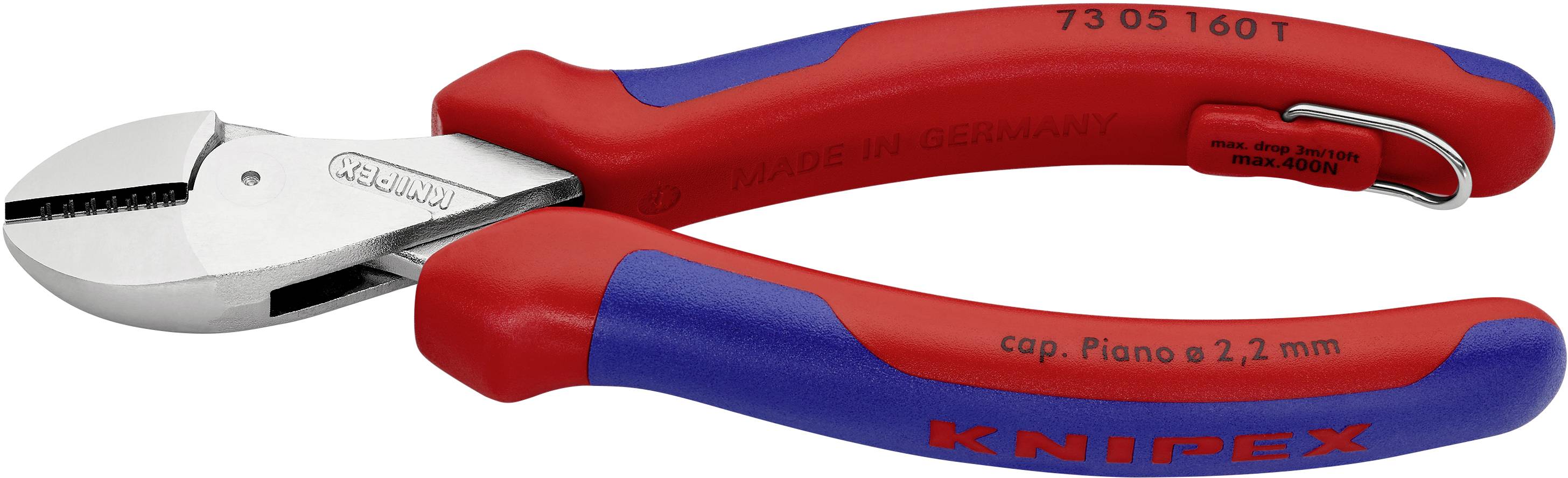 A red and blue side cutter with 'Knipex' labelling, suitable for wires up to 2.7 mm in diameter.