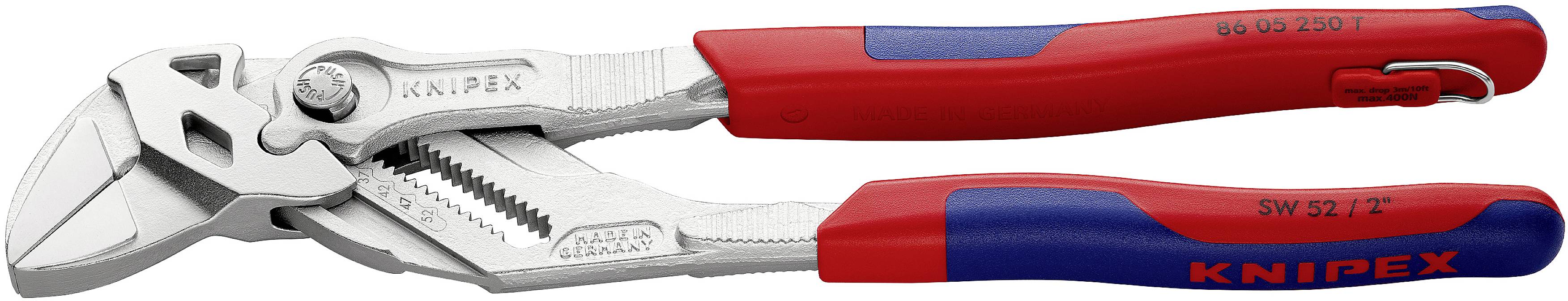 Red and blue pipe wrenches by Knipex with adjustable jaws, suitable for various screw and gripping tasks.