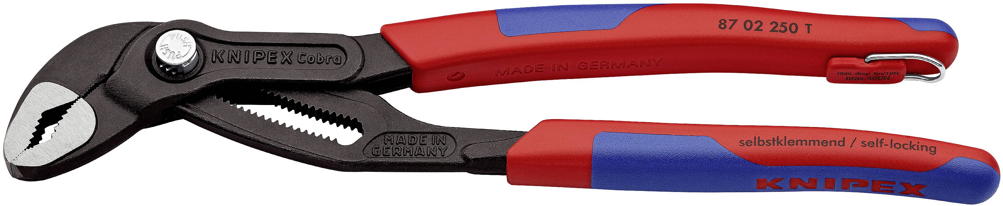 'KNIPEX Cobra' water pump pliers with ergonomic handles and self-locking mechanism, suitable for pipe and screw work.