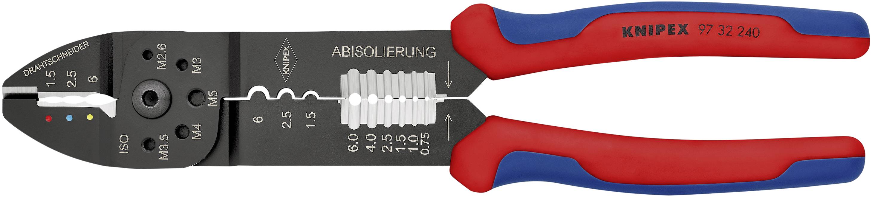 Wire stripping pliers. Black metal heads with various wire holes, red and blue handles. Markings for wire gauges.