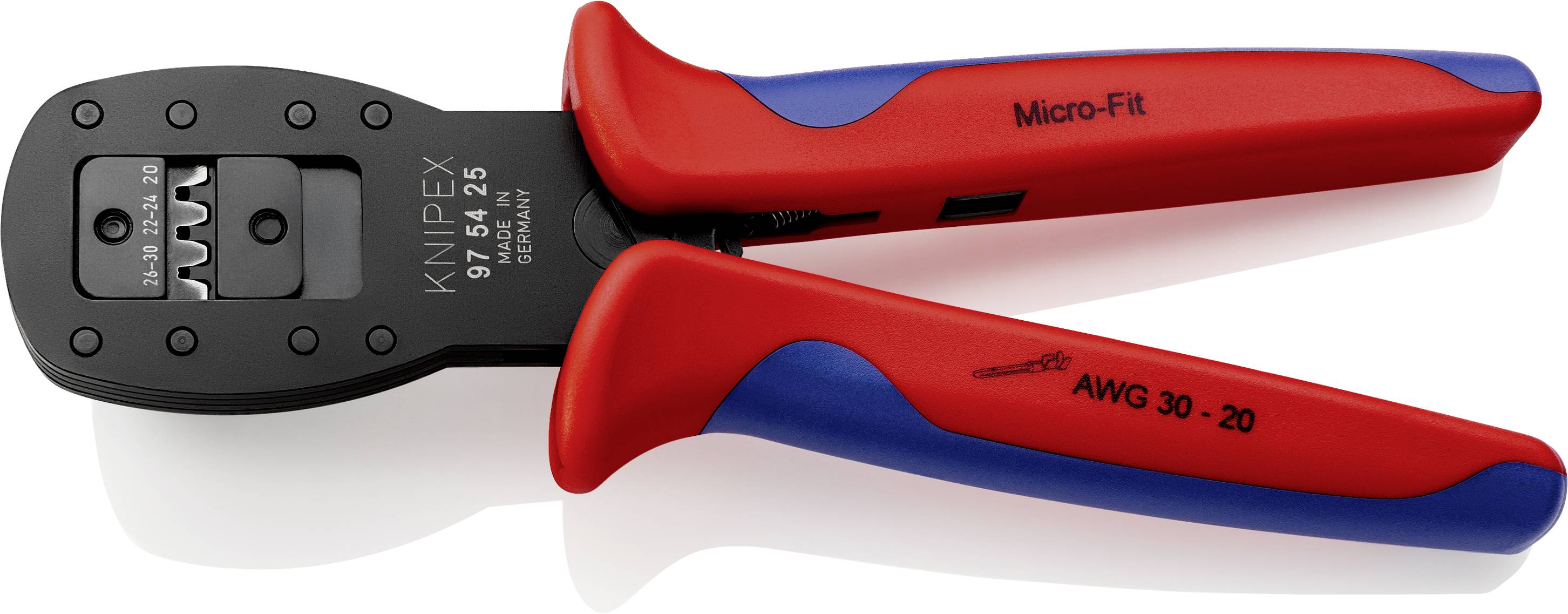 A red and blue Knipex crimping pliers, model number 975125. Suitable for Micro-Fit connectors and wire sizes AWG 30-20.