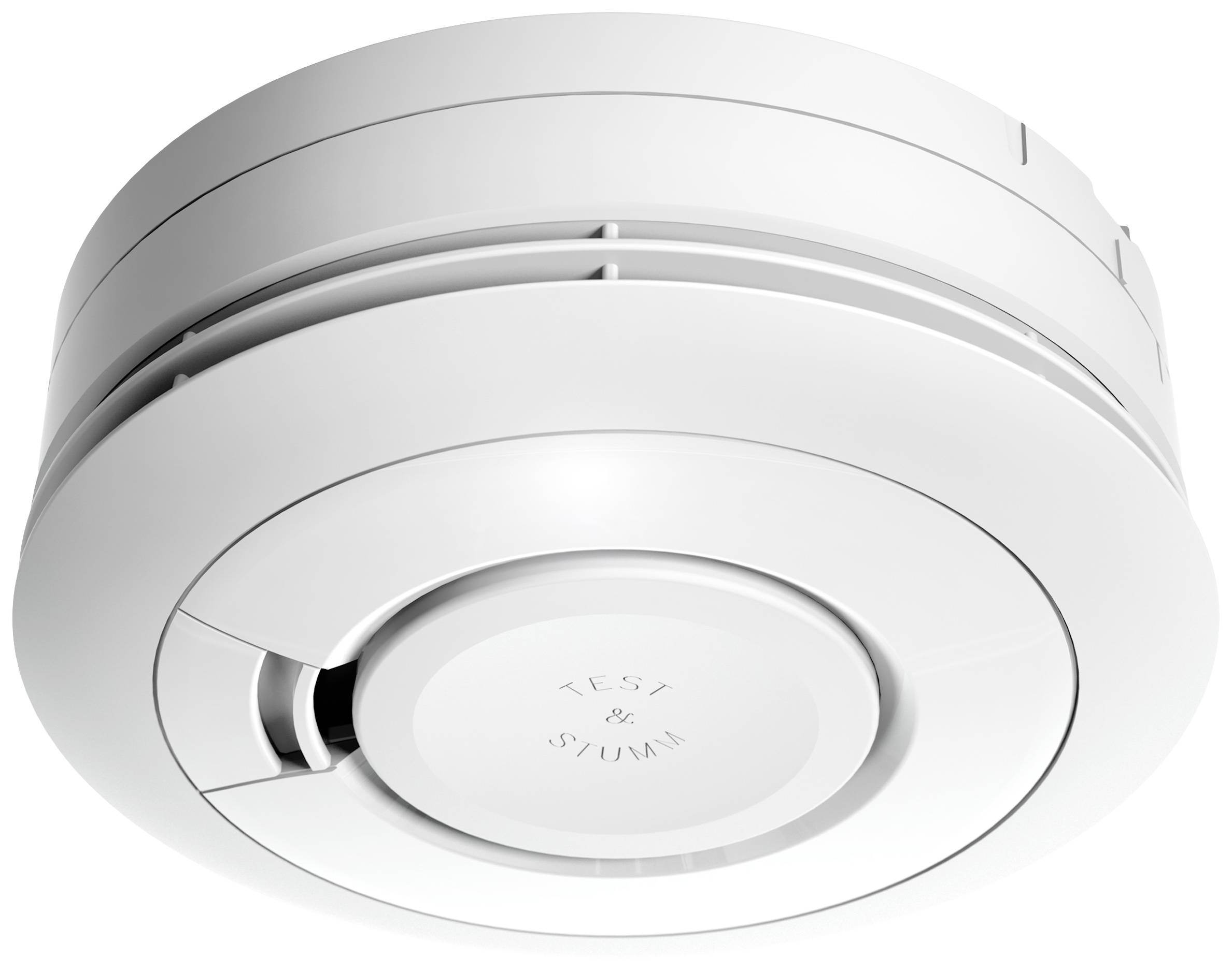 A circular smoke detector with the inscription 'Test & Mute' on the front. It is mounted on a ceiling.