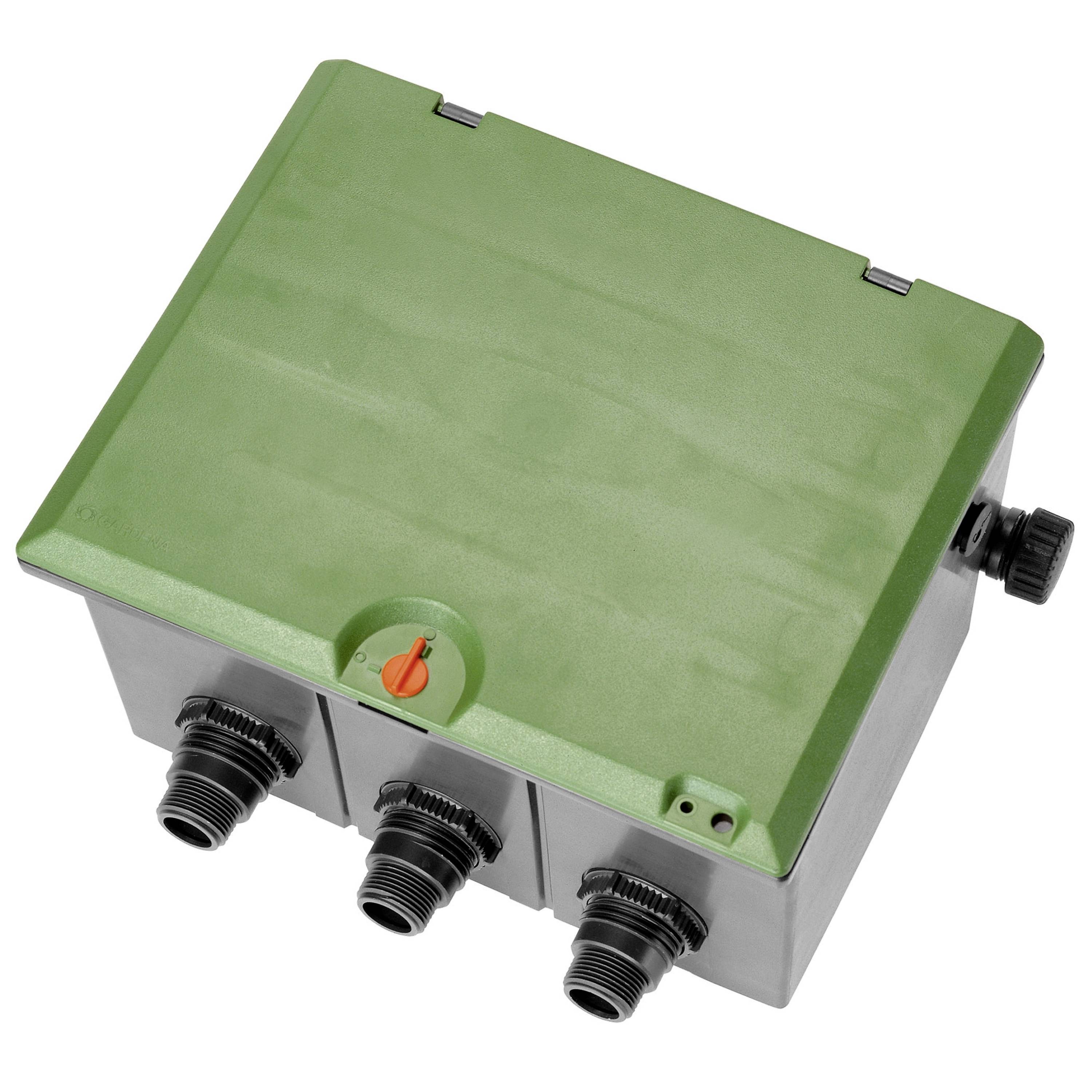 Electrical distribution enclosure with a green lid and multiple cable entry points, used for distributing electrical cables.